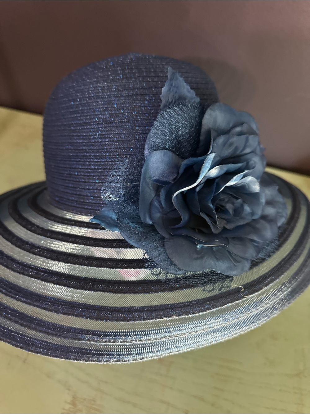 Elegant Navy Wide-Brim Floral Accent Womenโs Hat, ๐๐ DERBY HAT - Picture 2 of 6